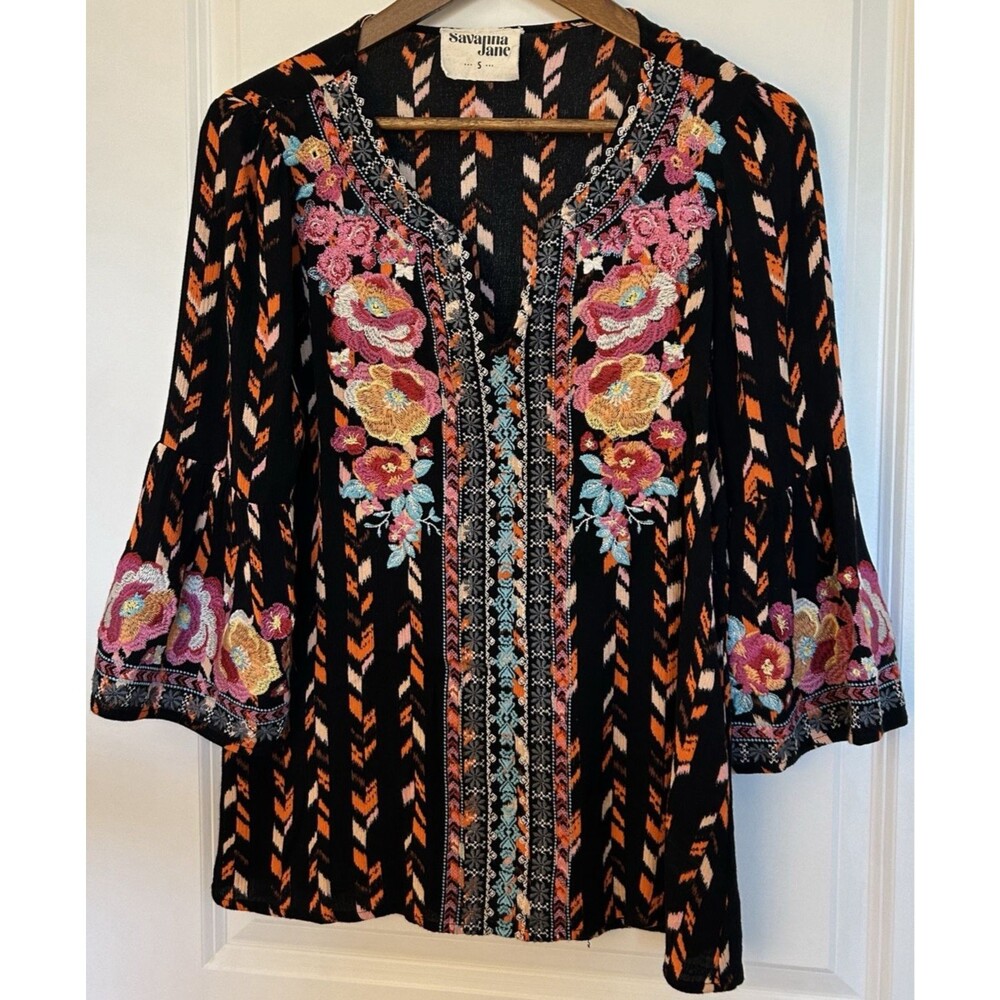 Savanna Jane Embroidered Boho Tunic Top Small Floral Peasant Festival Blouse - Picture 2 of 11